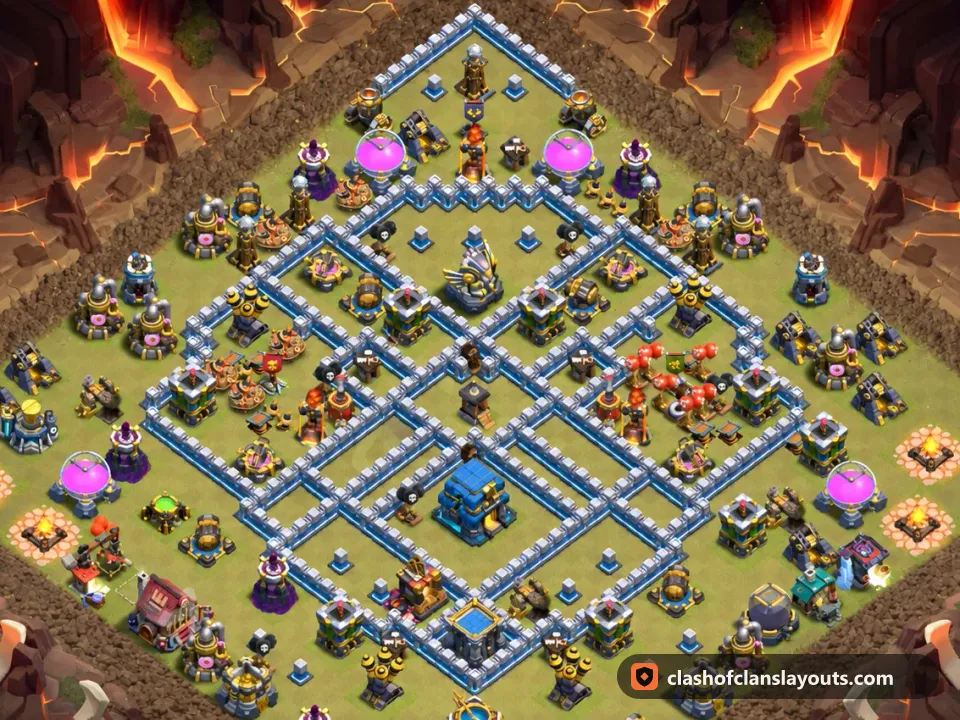 TH12 War Base Layout 207: Clash of Clans Town Hall 12 war base layout, full base picture