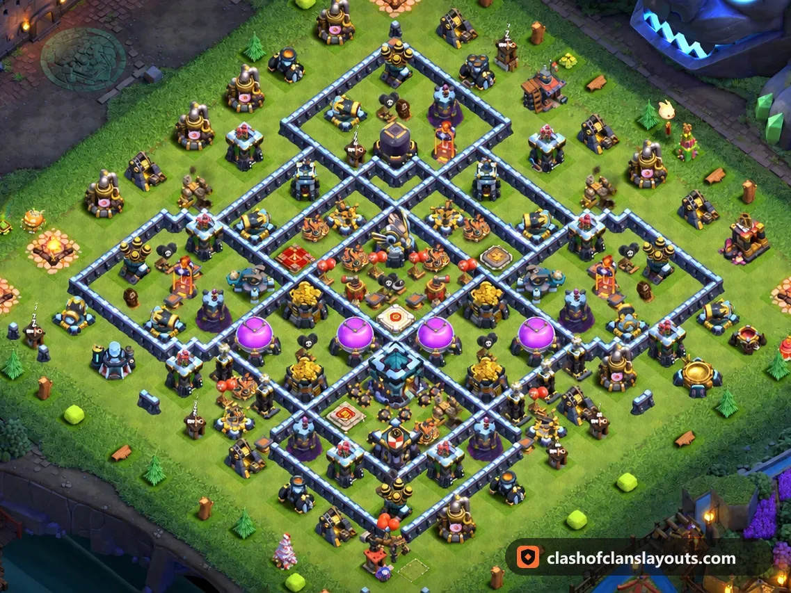 Base Híbrida TH13 52: layout de base híbrida de Clash of Clans para Centro de Vila 13, imagem completa da base