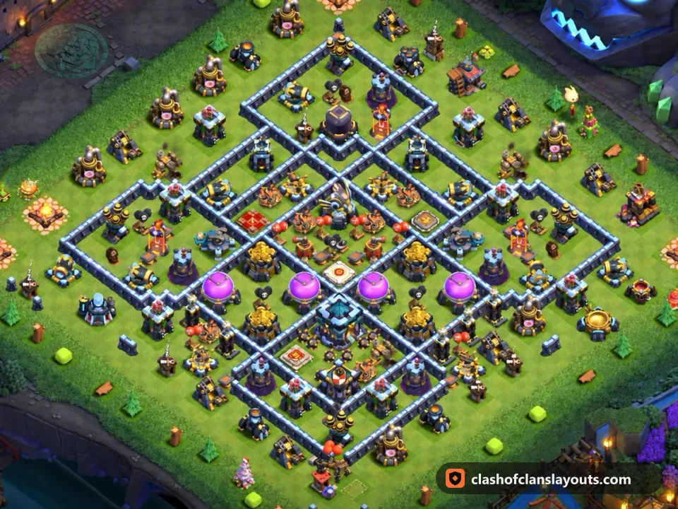 TH13 Hybrid Base Layout 52: Clash of Clans Town Hall 13 hybrid base layout, full base picture