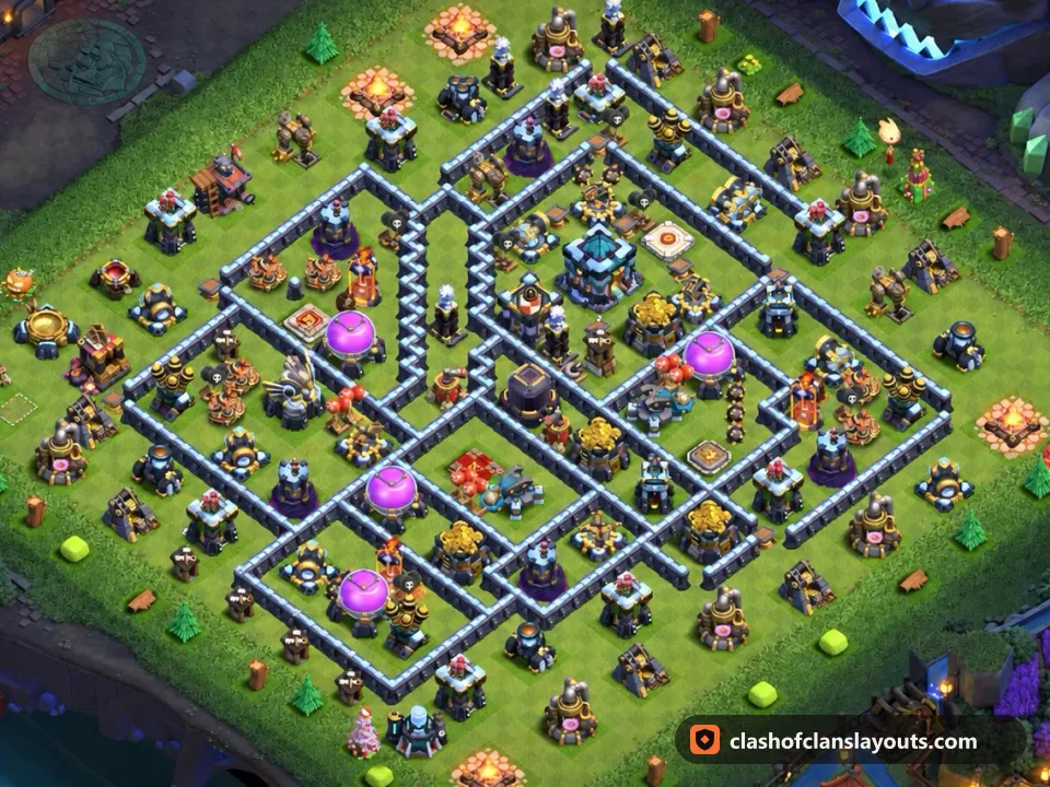 TH13 Hybrid Base Layout 53: Clash of Clans Town Hall 13 hybrid base layout, full base picture