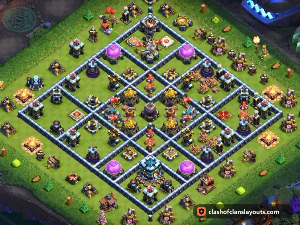 TH13 Hybrid Base Layout 54: Clash of Clans Town Hall 13 hybrid base layout, full base picture