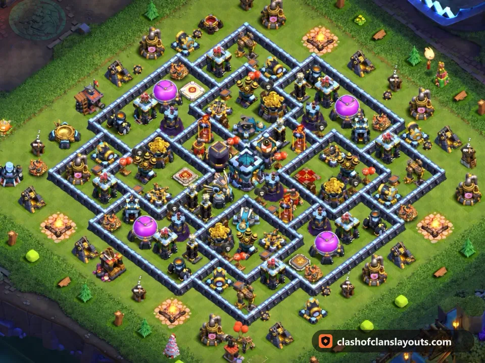 TH13 Hybrid Base Layout 55: Clash of Clans Town Hall 13 hybrid base layout, full base picture