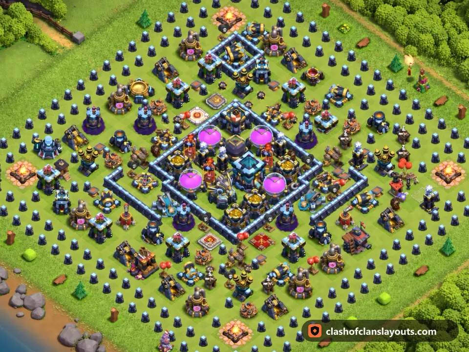 TH13 Hybrid Base Layout 57: Clash of Clans Town Hall 13 hybrid base layout, full base picture