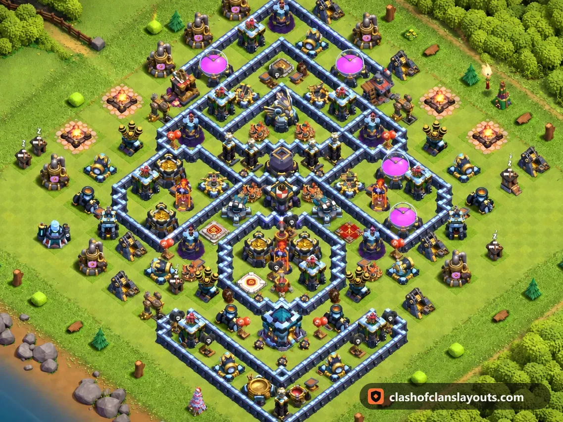 Base Hybride TH13 58 : plan de base hybride HDV 13 Clash of Clans, image complète de la base