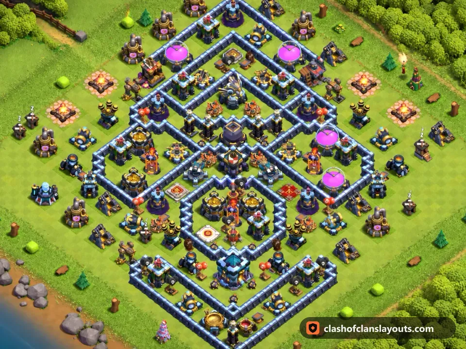 TH13 Hybrid Base Layout 58: Clash of Clans Town Hall 13 hybrid base layout, full base picture