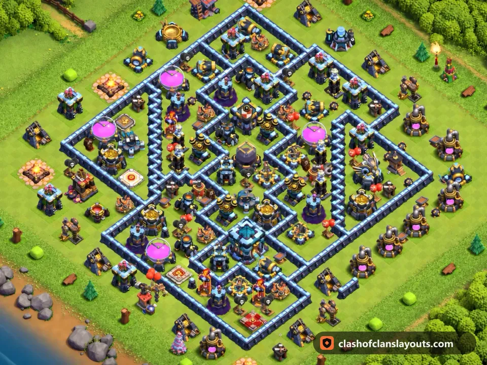 TH13 Hybrid Base Layout 59: Clash of Clans Town Hall 13 hybrid base layout, full base picture