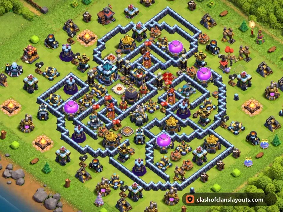 TH13 Hybrid Base Layout 60: Clash of Clans Town Hall 13 hybrid base layout, full base picture