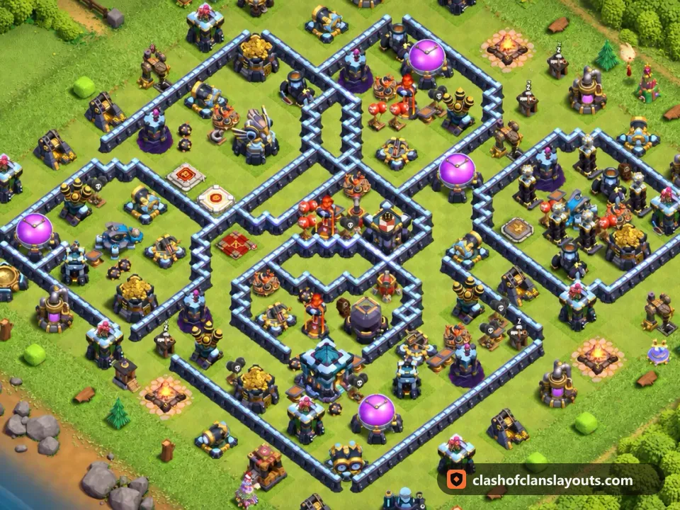 TH13 Hybrid Base Layout 61: Clash of Clans Town Hall 13 hybrid base layout, full base picture