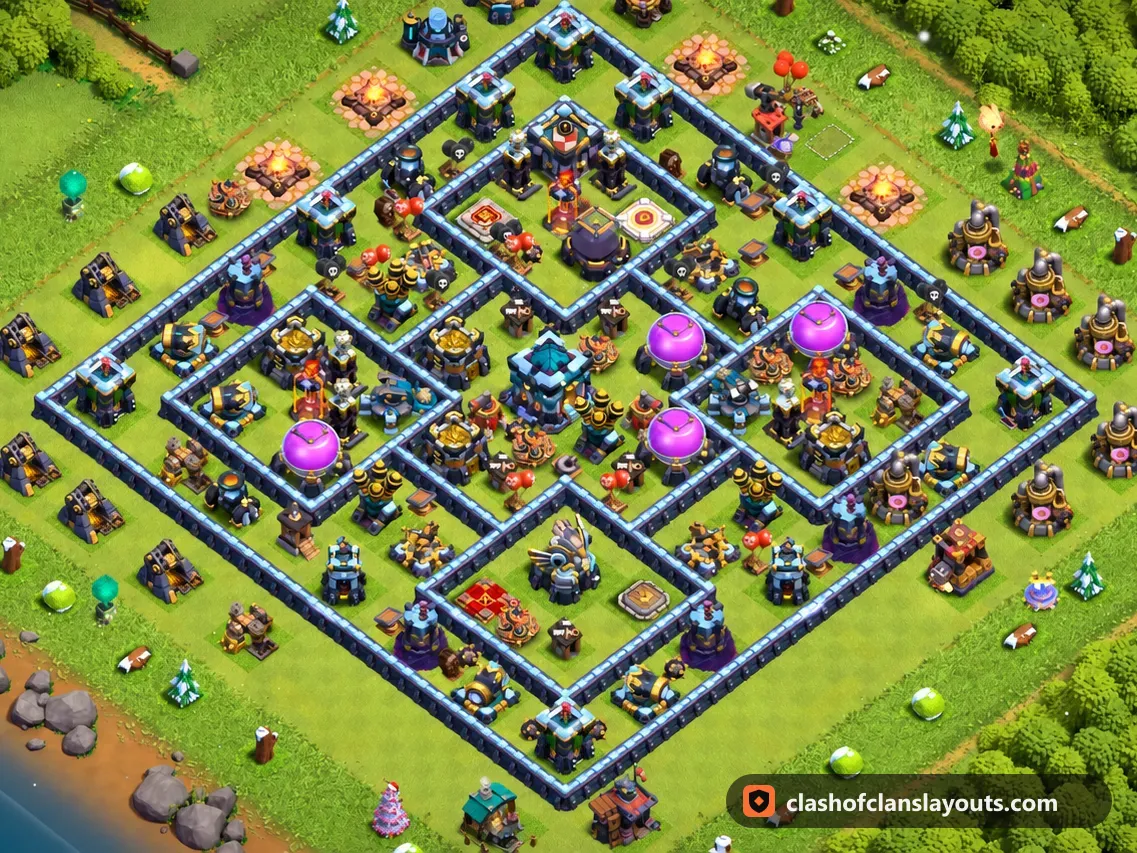 Base Híbrida TH13 63: layout de base híbrida de Clash of Clans para Centro de Vila 13, imagem completa da base