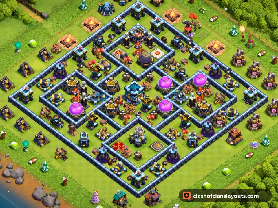 TH13 Hybrid Base Layout 63: Clash of Clans Town Hall 13 hybrid base layout, full base picture