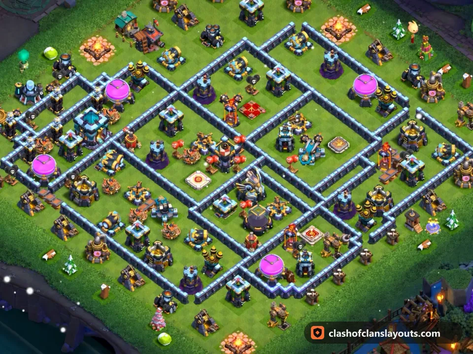 TH13 Hybrid Base Layout 64: Clash of Clans Town Hall 13 hybrid base layout, full base picture