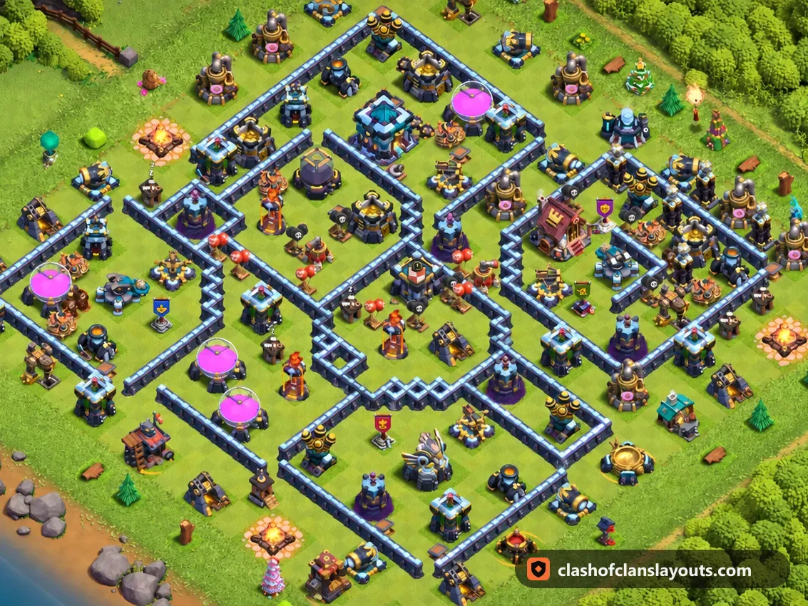 Base Híbrida TH13 65: layout de base híbrida de Clash of Clans para Centro de Vila 13, imagem completa da base