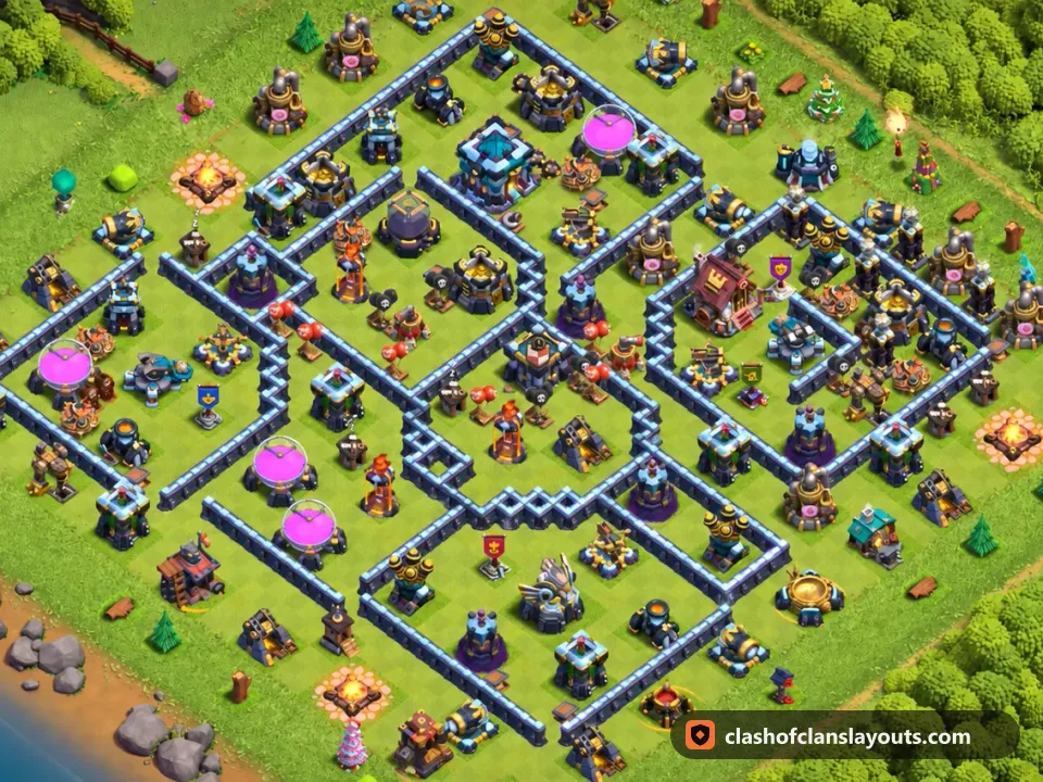 TH13 Hybrid Base Layout 65: Clash of Clans Town Hall 13 hybrid base layout, full base picture