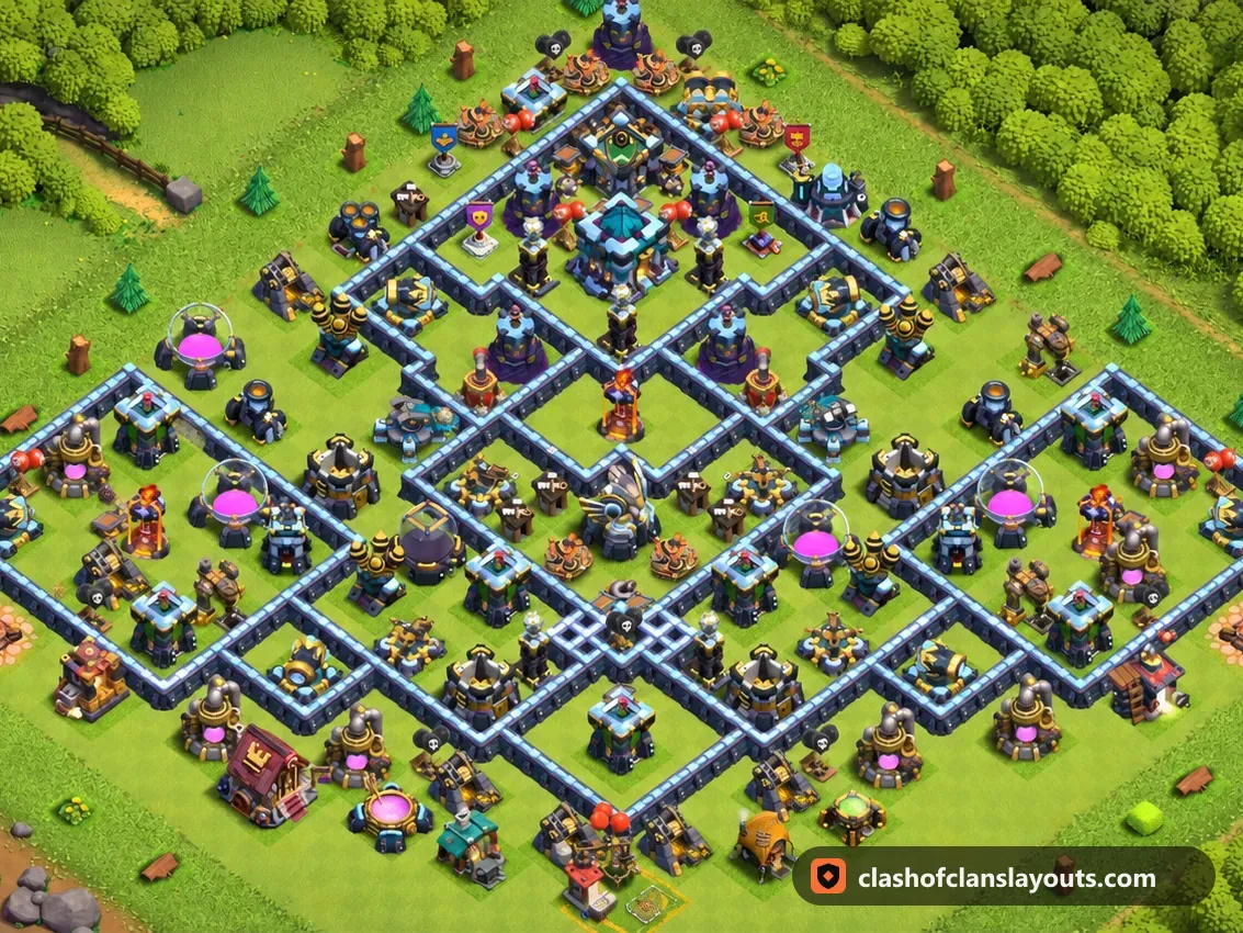 TH13 Trophy Base Layout 138: Clash of Clans Town Hall 13 trophy base layout, full base picture