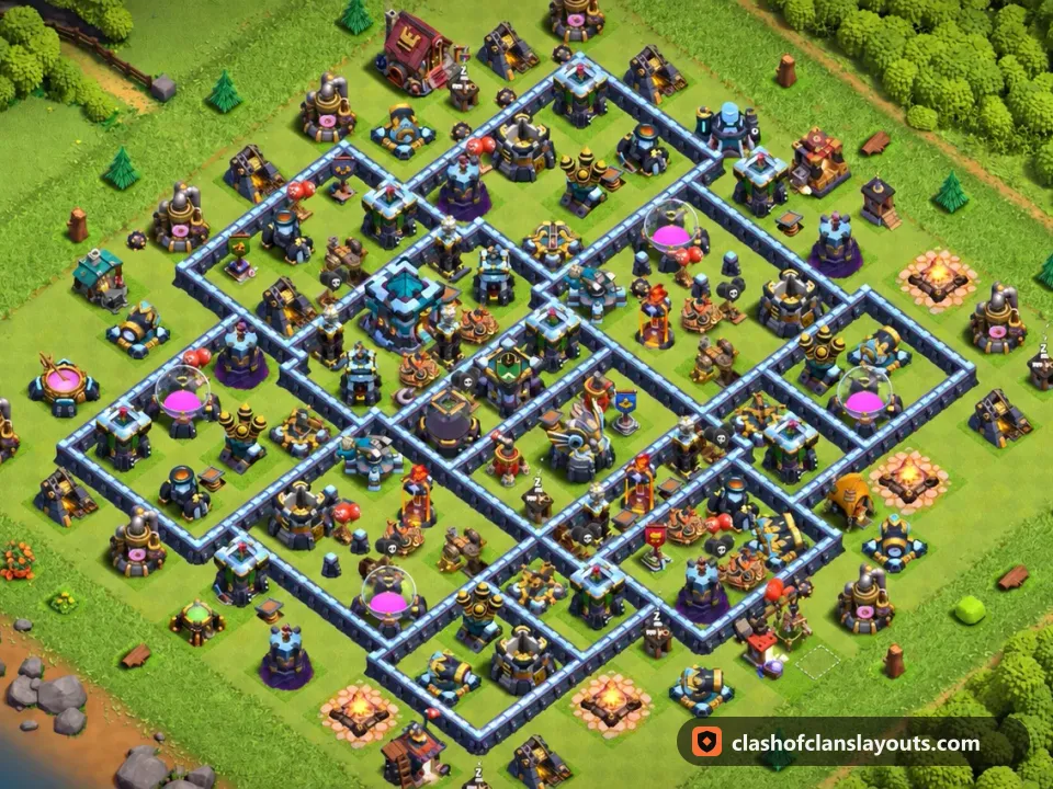 TH13 Trophy Base Layout 139: Clash of Clans Town Hall 13 trophy base layout, full base picture