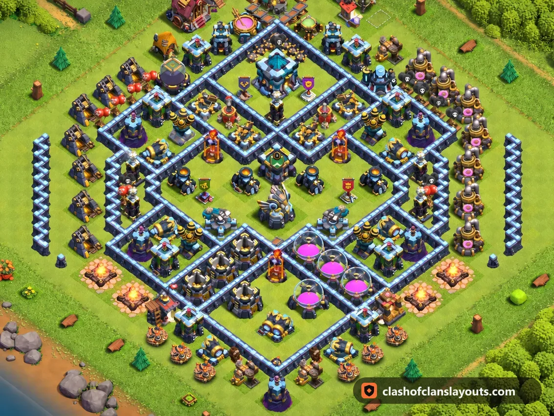 TH13 Trophy Base Layout 140: Clash of Clans Town Hall 13 trophy base layout, full base picture
