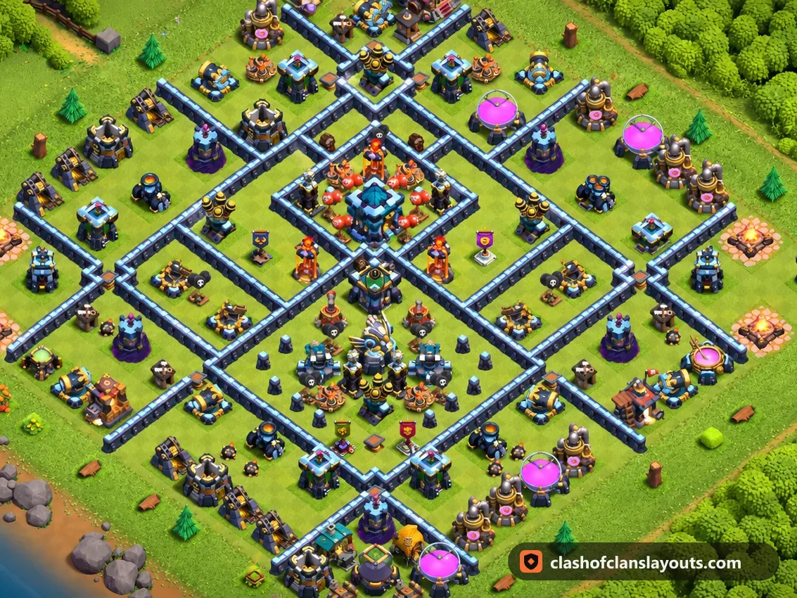TH13 Trophy Base Layout 142: Clash of Clans Town Hall 13 trophy base layout, full base picture