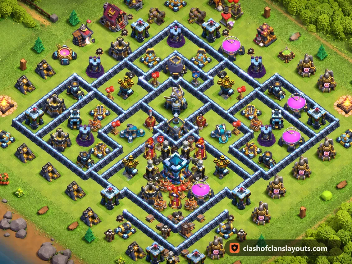 TH13 Trophy Base Layout 143: Clash of Clans Town Hall 13 trophy base layout, full base picture