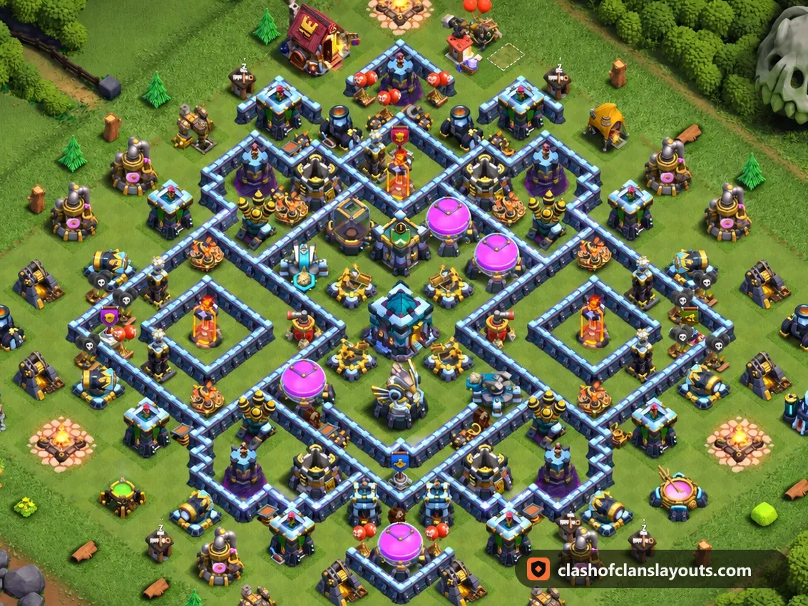TH13 Trophy Base Layout 144: Clash of Clans Town Hall 13 trophy base layout, full base picture