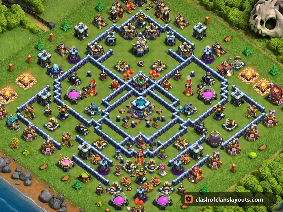 TH13 Trophy Base Layout 145: Clash of Clans Town Hall 13 trophy base layout, full base picture