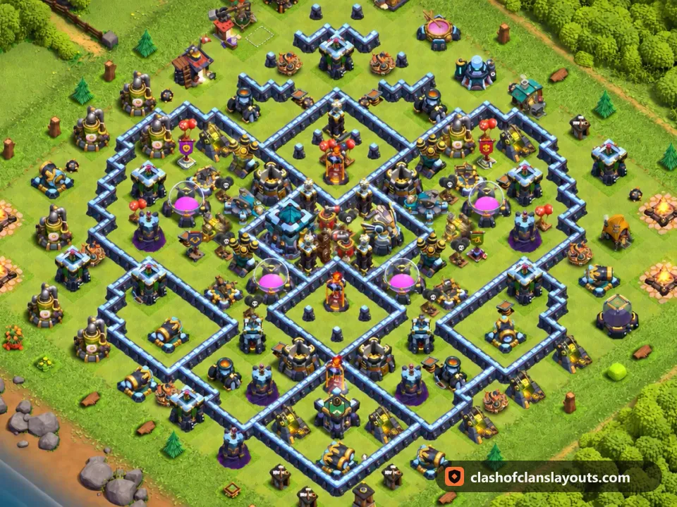 TH13 Trophy Base Layout 148: Clash of Clans Town Hall 13 trophy base layout, full base picture