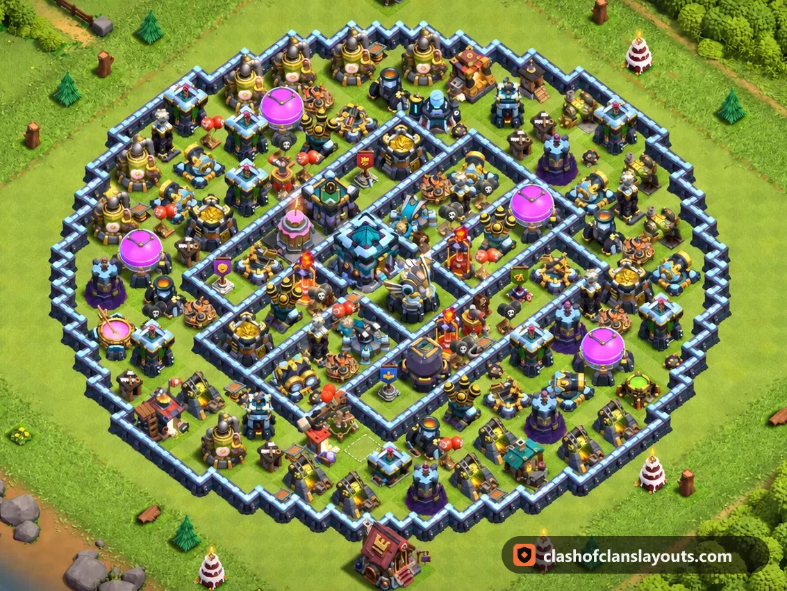 Trophäenbase TH13 149: Clash of Clans Trophäenbase für Rathaus 13, komplettes Bild der Base
