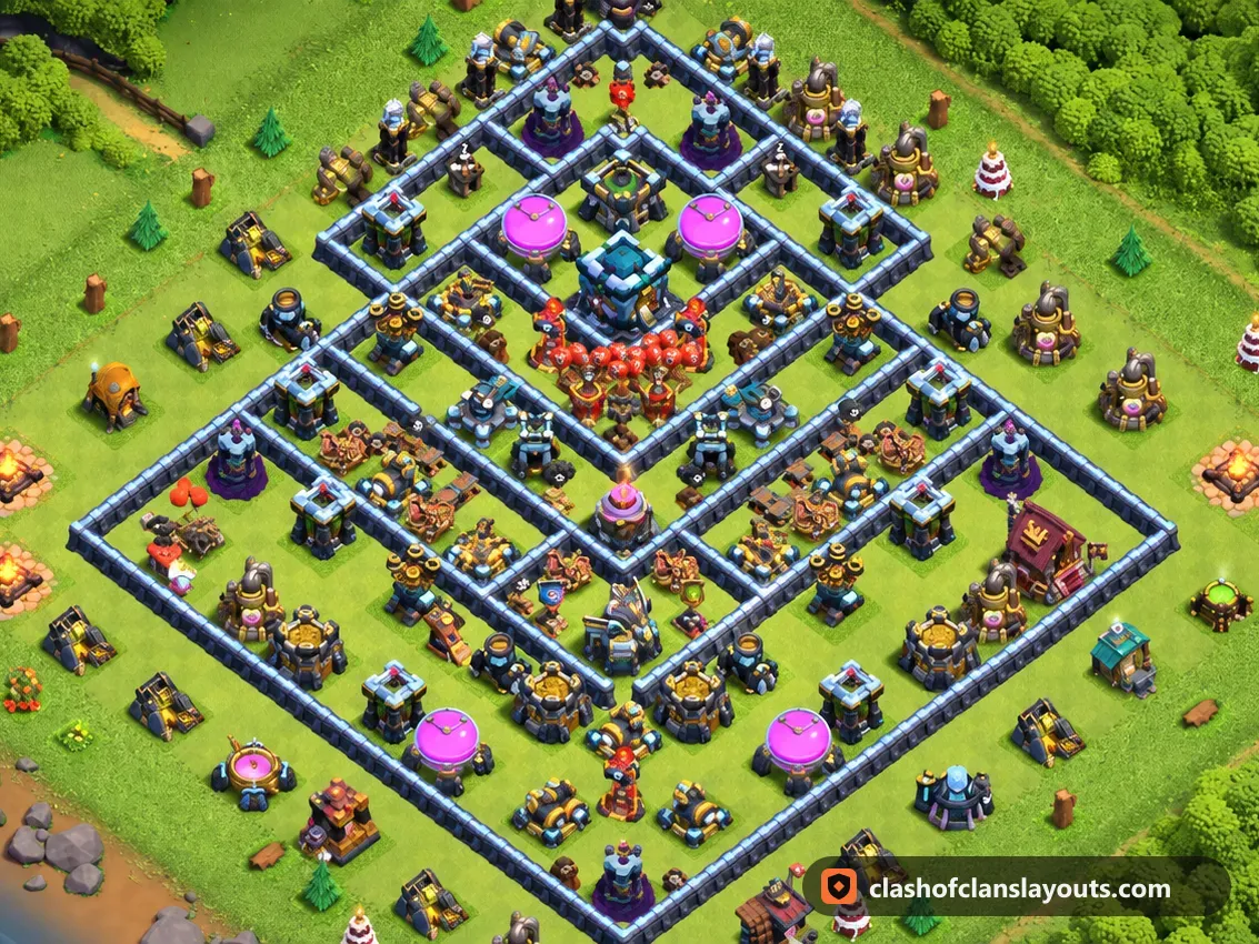 Trophäenbase TH13 150: Clash of Clans Trophäenbase für Rathaus 13, komplettes Bild der Base