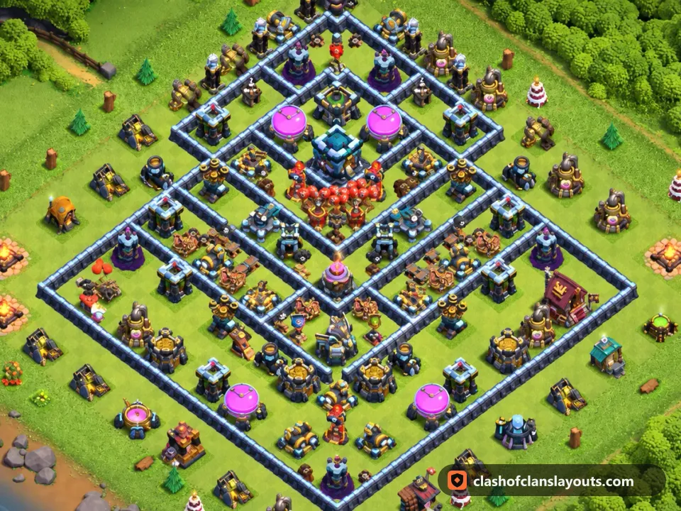 TH13 Trophy Base Layout 150: Clash of Clans Town Hall 13 trophy base layout, full base picture