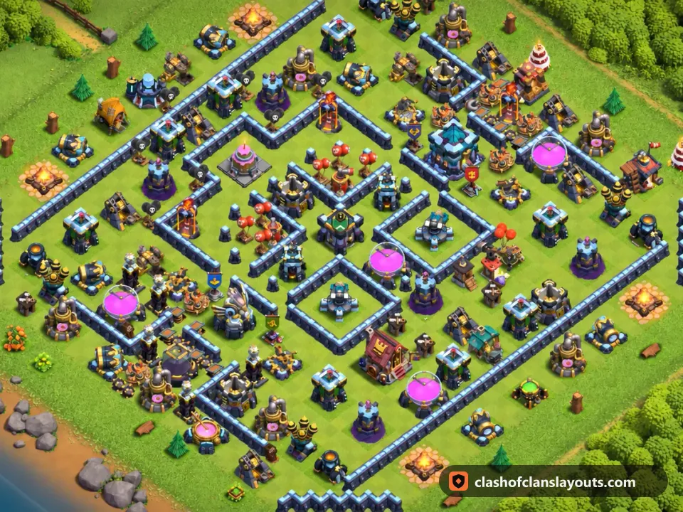 TH13 Trophy Base Layout 151: Clash of Clans Town Hall 13 trophy base layout, full base picture