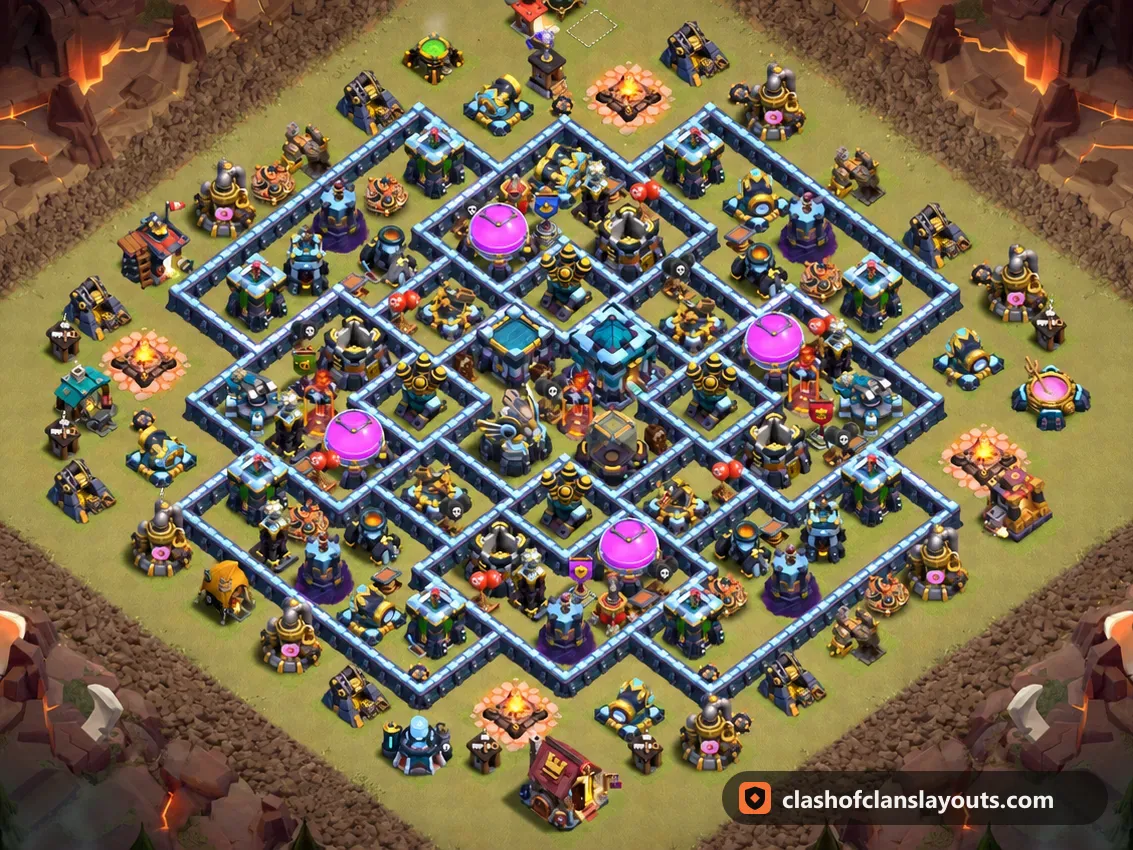TH13 War Base Layout 301: Clash of Clans Town Hall 13 war base layout, full base picture