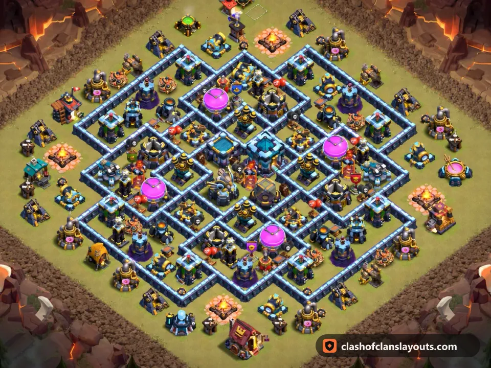 TH13 War Base Layout 301: Clash of Clans Town Hall 13 war base layout, full base picture