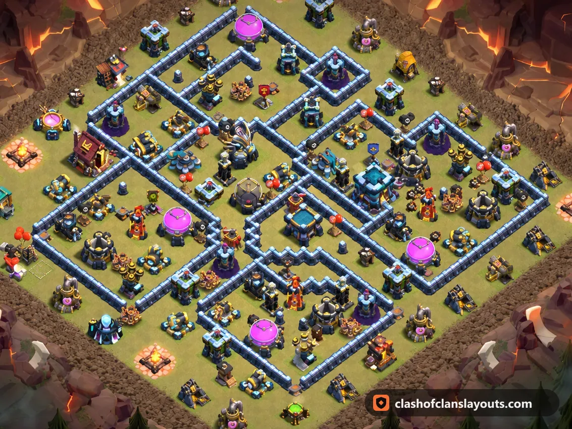 TH13 War Base Layout 302: Clash of Clans Town Hall 13 war base layout, full base picture