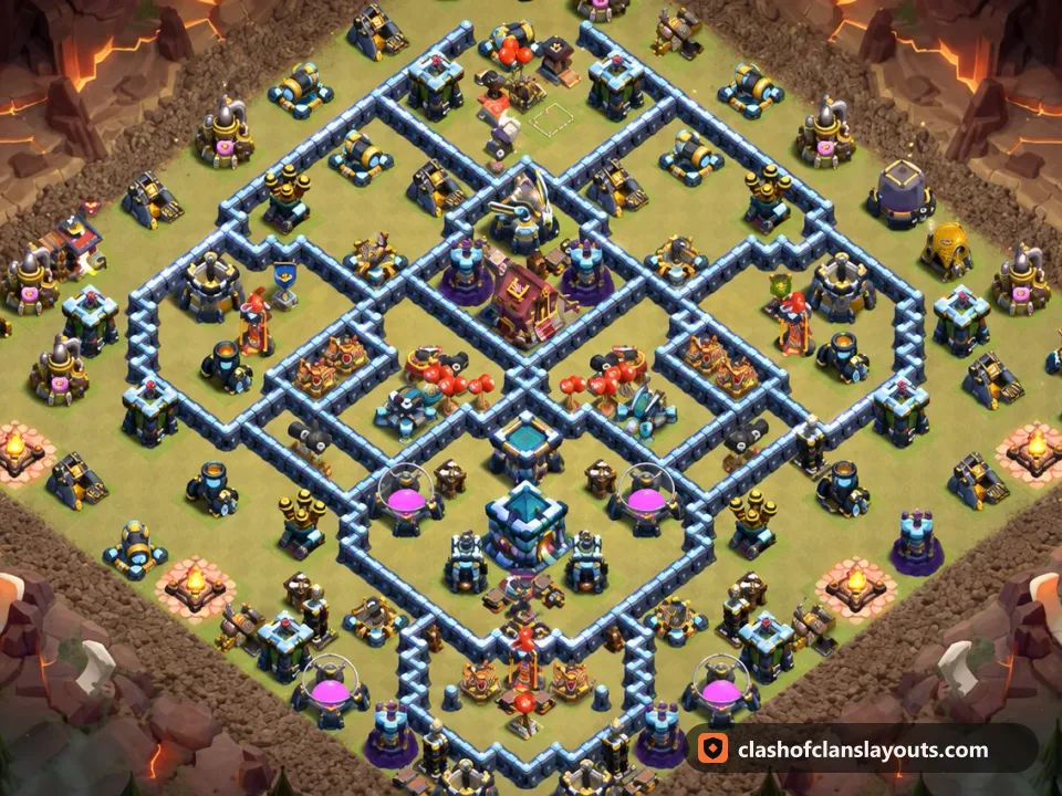 TH13 War Base Layout 303: Clash of Clans Town Hall 13 war base layout, full base picture