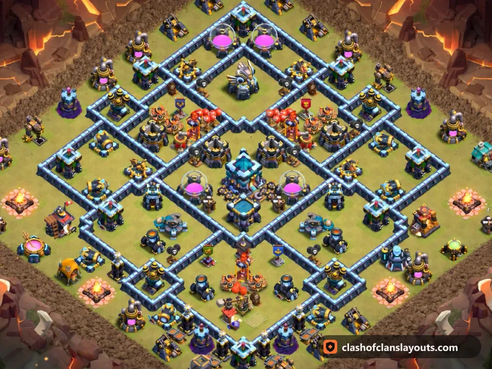 TH13 War Base Layout 304: Clash of Clans Town Hall 13 war base layout, full base picture