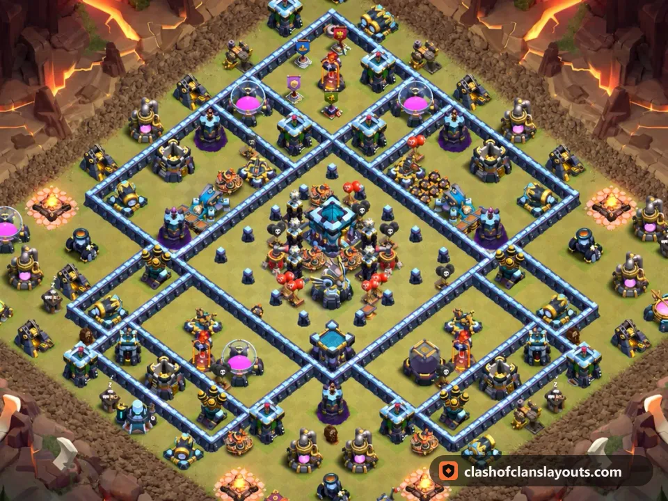 TH13 War Base Layout 305: Clash of Clans Town Hall 13 war base layout, full base picture
