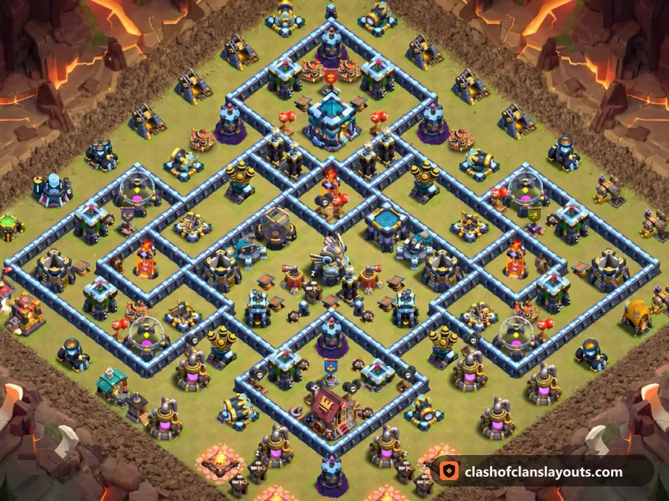 TH13 War Base Layout 307: Clash of Clans Town Hall 13 war base layout, full base picture