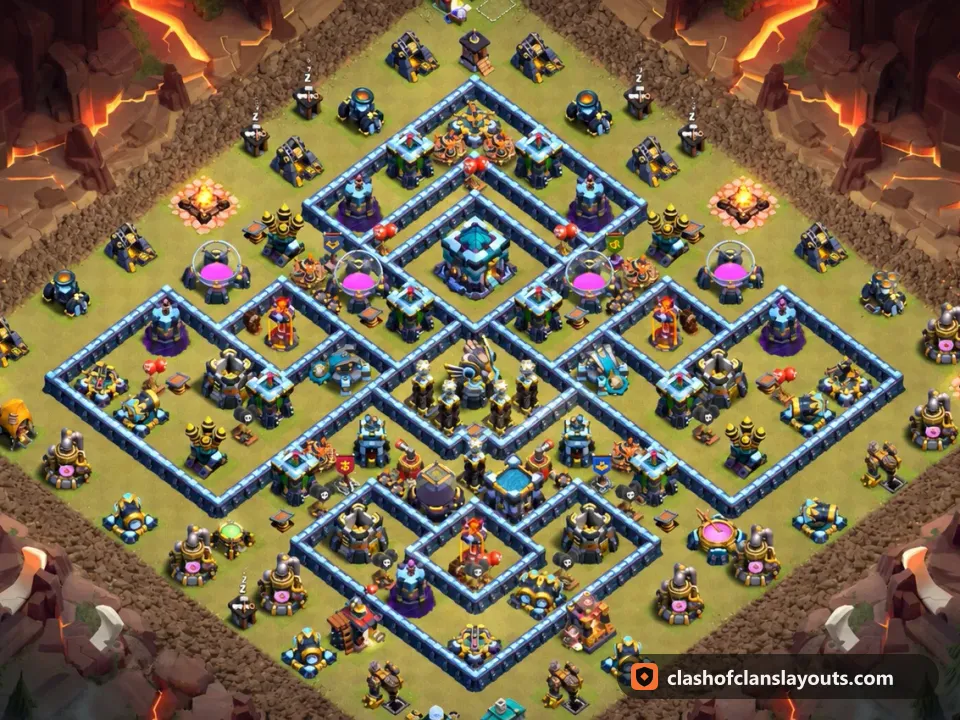 TH13 War Base Layout 308: Clash of Clans Town Hall 13 war base layout, full base picture