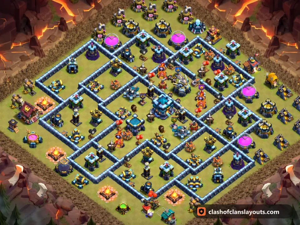 TH13 War Base Layout 309: Clash of Clans Town Hall 13 war base layout, full base picture