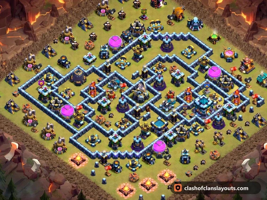 TH13 War Base Layout 310: Clash of Clans Town Hall 13 war base layout, full base picture