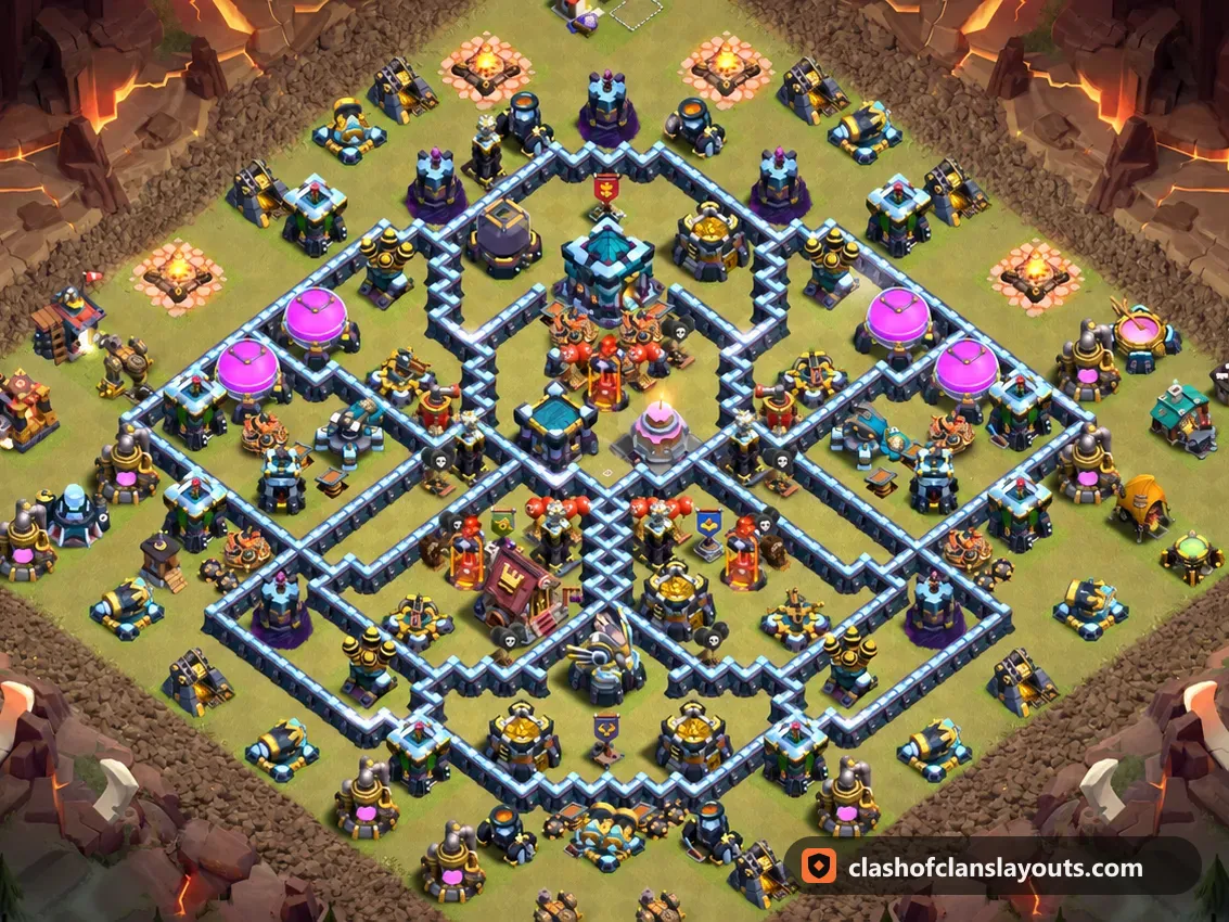 TH13 War Base Layout 315: Clash of Clans Town Hall 13 war base layout, full base picture