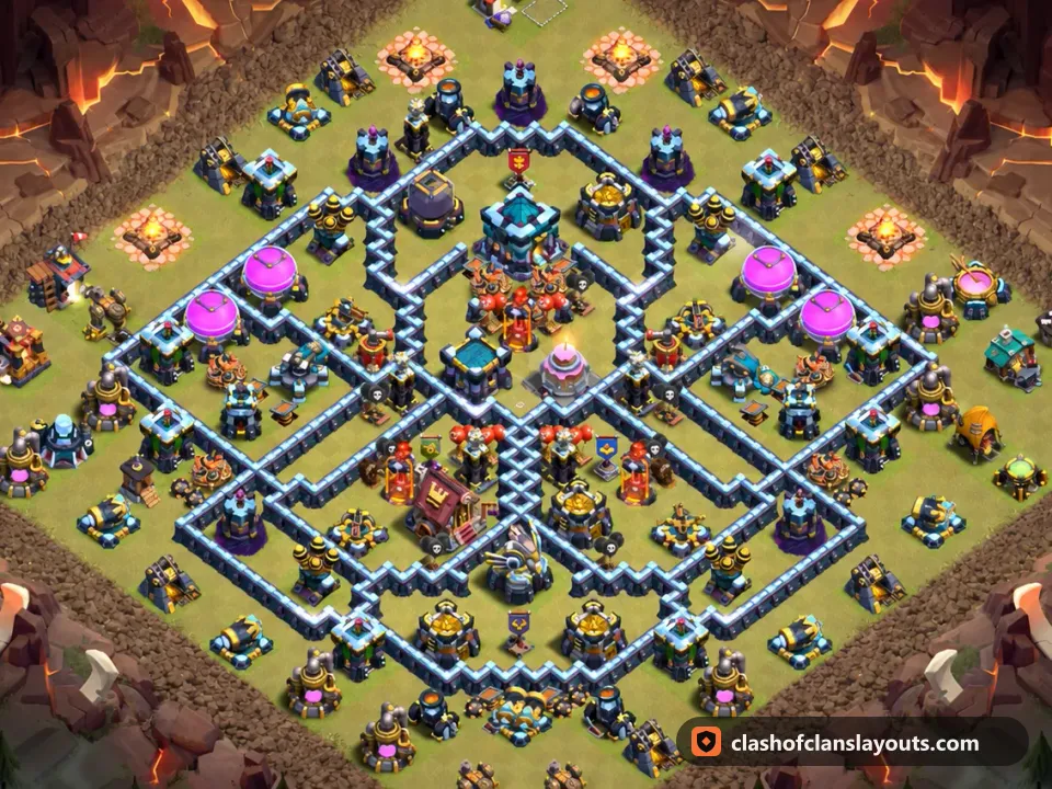 TH13 War Base Layout 315: Clash of Clans Town Hall 13 war base layout, full base picture