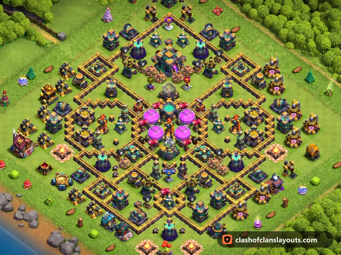 TH14 Farm Base Layout 42: Clash of Clans Town Hall 14 farm base layout, full base picture