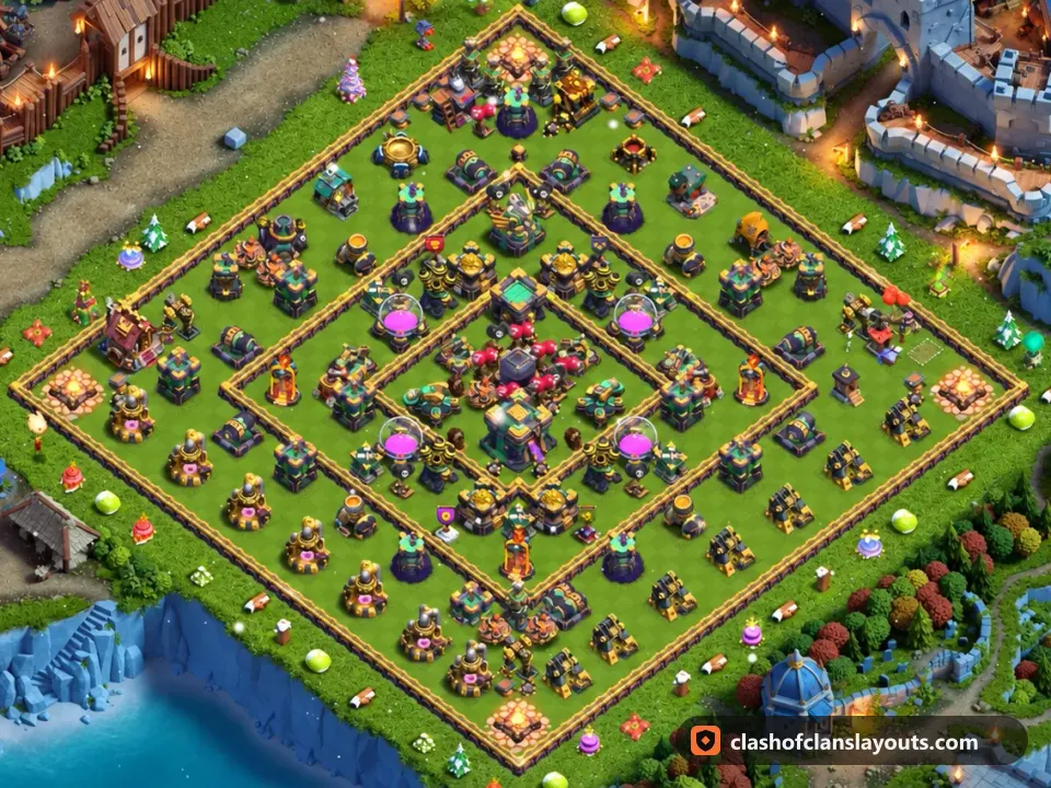 TH14 Farm Base Layout 46: Clash of Clans Town Hall 14 farm base layout, full base picture