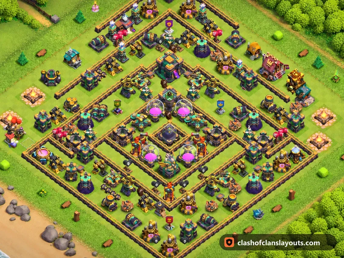 TH14 Farm Base Layout 47: Clash of Clans Town Hall 14 farm base layout, full base picture