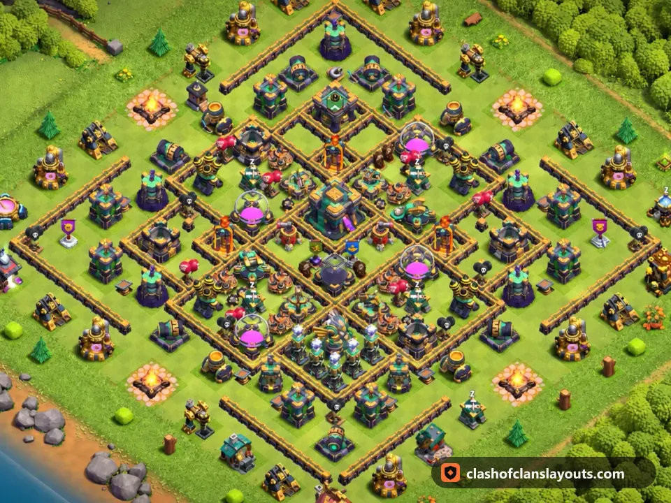 TH14 Farm Base Layout 52: Clash of Clans Town Hall 14 farm base layout, full base picture