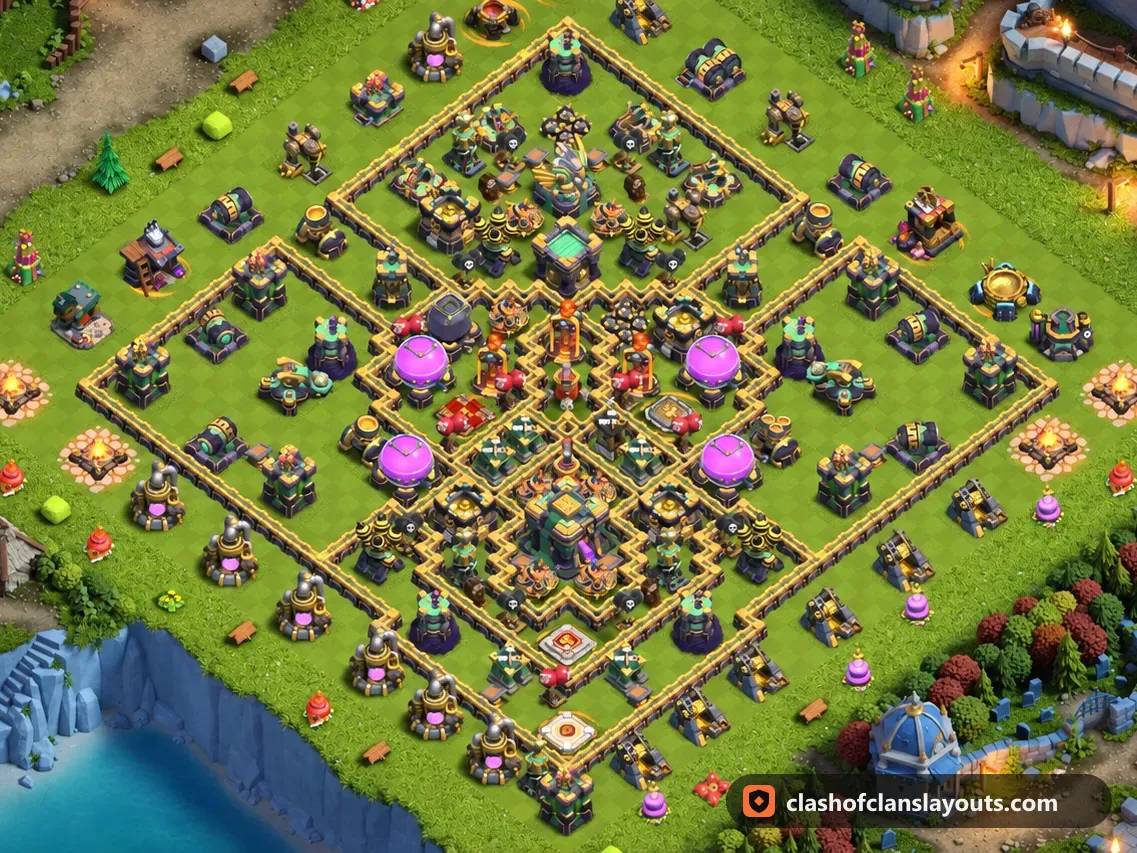 Base Hybride TH14 28 : plan de base hybride HDV 14 Clash of Clans, image complète de la base