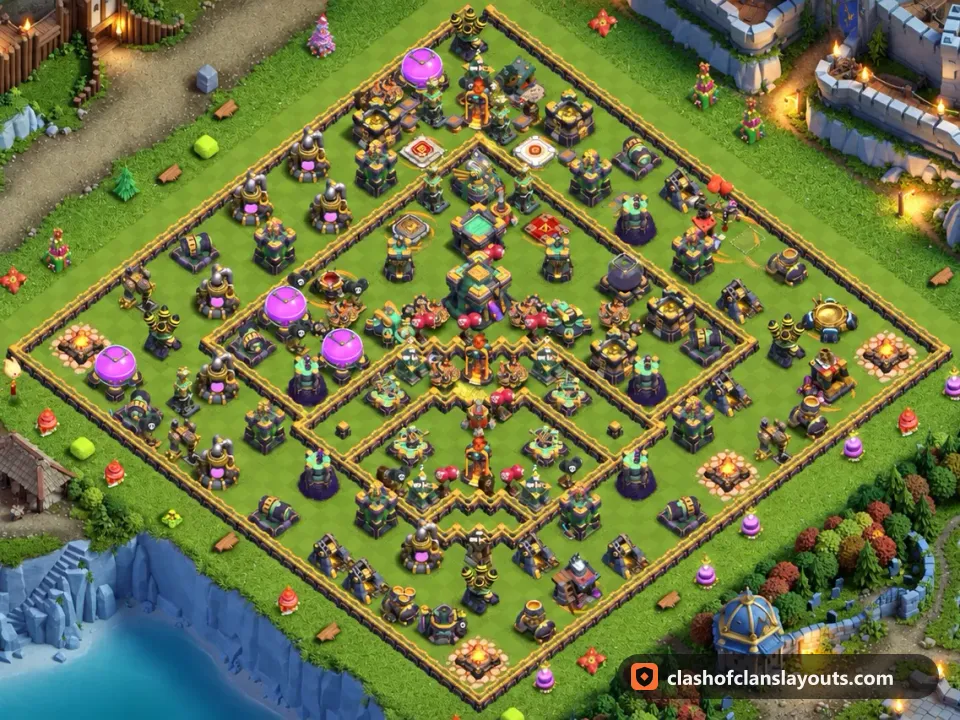 TH14 Hybrid Base Layout 29: Clash of Clans Town Hall 14 hybrid base layout, full base picture