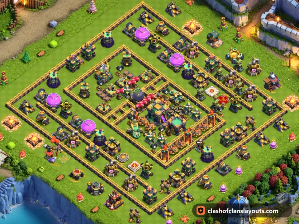 TH14 Hybrid Base Layout 30: Clash of Clans Town Hall 14 hybrid base layout, full base picture