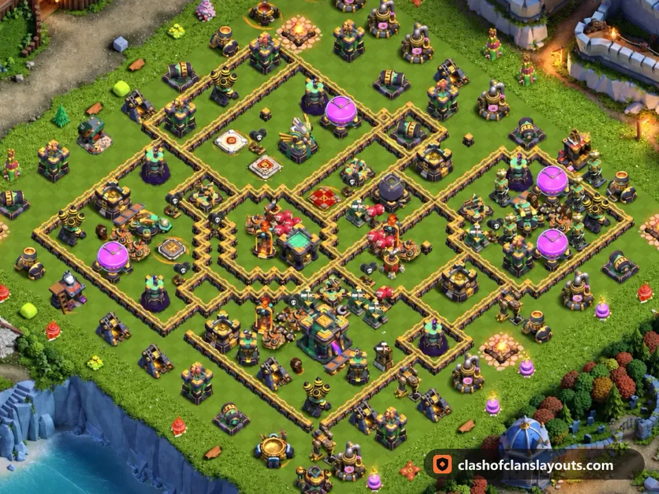 TH14 Hybrid Base Layout 31: Clash of Clans Town Hall 14 hybrid base layout, full base picture