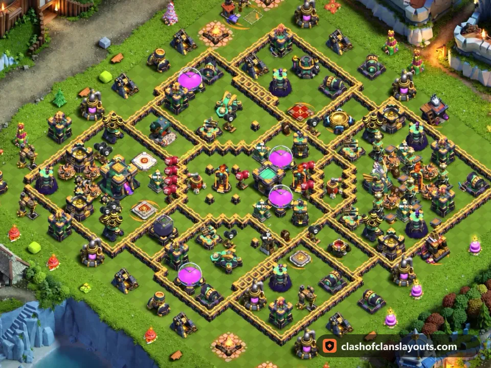 TH14 Hybrid Base Layout 32: Clash of Clans Town Hall 14 hybrid base layout, full base picture